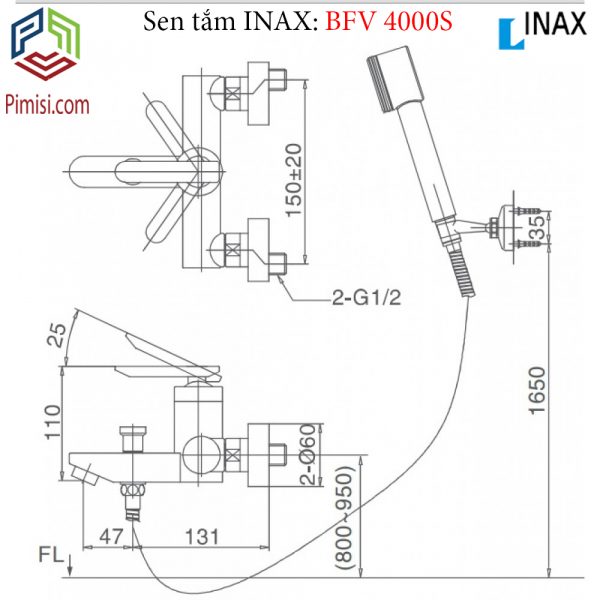 Bản vẽ kỹ thuật vòi tắm hoa sen INAX BFV-4000S nóng lạnh