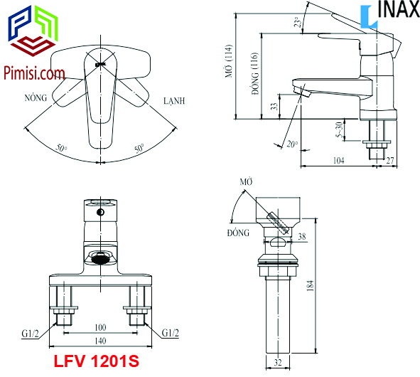 Bản vẽ kỹ thuật vòi chậu rửa lavabo INAX LFV-1201S-1 nóng lạnh