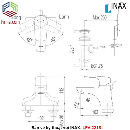 Bản vẽ kỹ thuật vòi chậu rửa lavabo INAX LFV-221S nóng lạnh