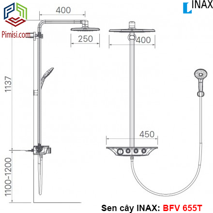 Kích thước vòi sen tắm cây nóng lạnh INAX BFV-655T