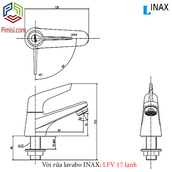 Bản vẽ kỹ thuật vòi chậu rửa lavabo INAX LFV-17 lạnh 1 lỗ