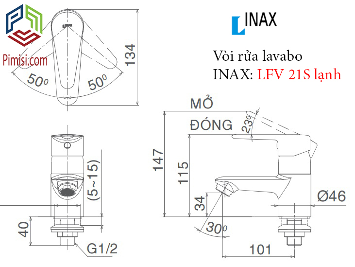 Bản vẽ kỹ thuật vòi chậu rửa lavabo INAX LFV-21S lạnh 1 lỗ
