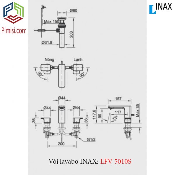 Bản vẽ kỹ thuật vòi rửa lavabo INAX LFV-5010S cổ điển 3 lỗ