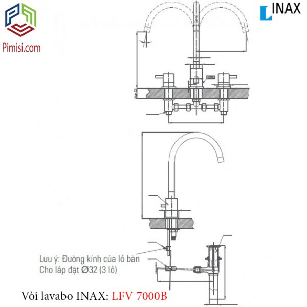 Bản vẽ kỹ thuật vòi rửa lavabo INAX LFV-7000B cổ điển 3 lỗ