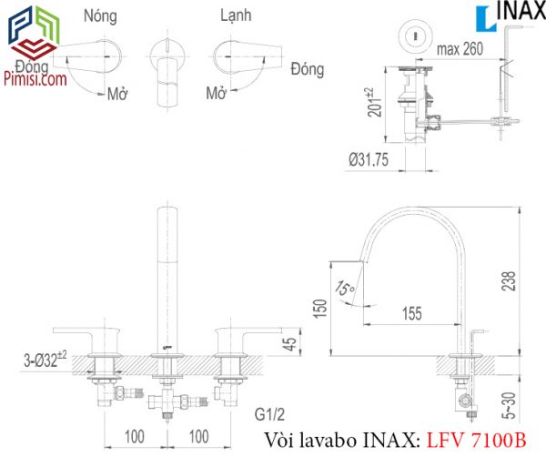 Bản vẽ kxy thuật vòi rửa lavabo INAX LFV-7100B cổ điển 3 lỗ