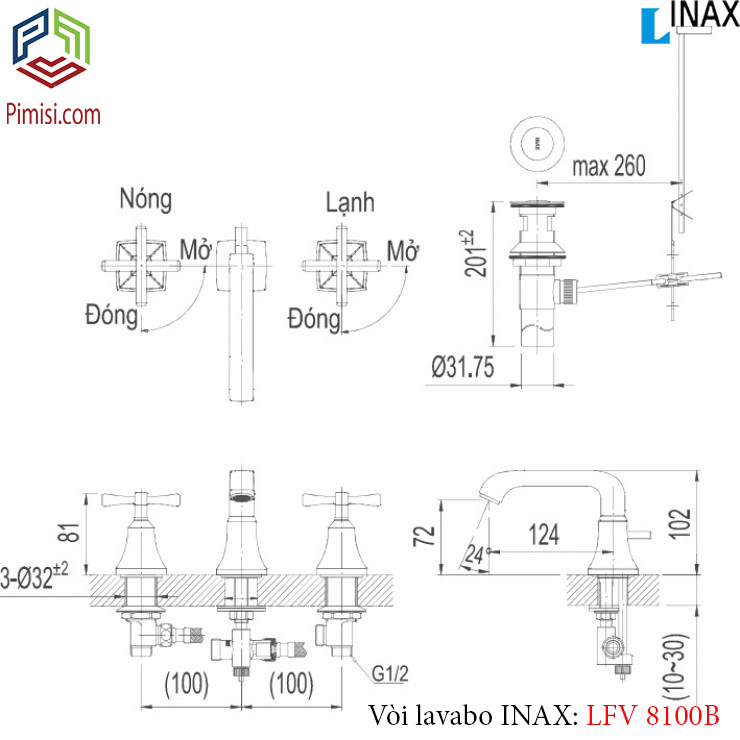 Bản vẽ kỹ thuật vòi rửa lavabo INAX LFV-8100B cổ điển 3 lỗ