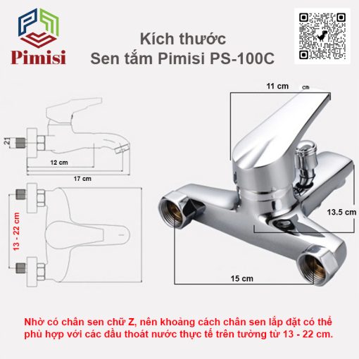 Kích thước sen tắm Pimisi PS-100C gắn tường