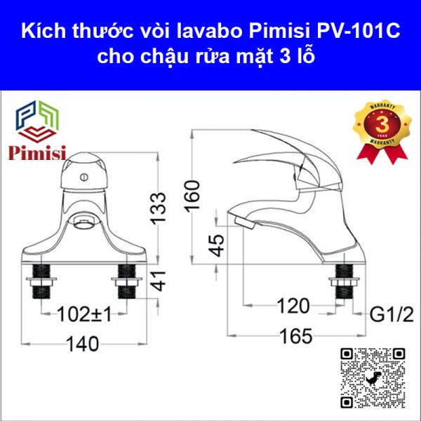 Kích thước vòi rửa mặt 3 lỗ Pimisi PV-101C