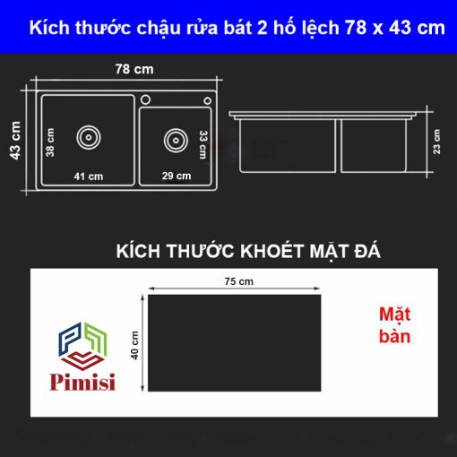 Kích thước chậu rửa bát 2 hố lệch Pimisi PB-7843L