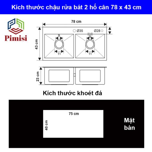 Kích thước bồn rửa chén 2 hố cân Pimisi PR-7843C