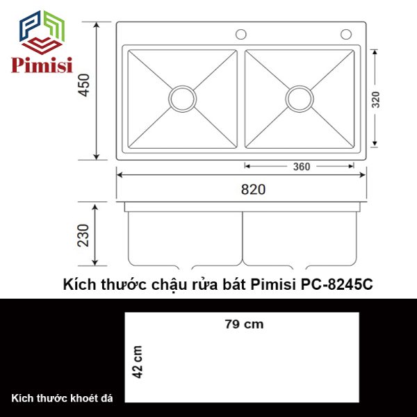 Kích thước chậu rửa bát 2 hố cân bậc thang Pimisi PC-8245C