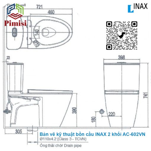 Bản Vẽ Kích Thước Bồn Cầu INAX 2 Khối AC-602VN
