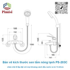 Bản vẽ kích thước vòi hoa sen Pimisi PS-203C