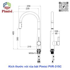 Kích thước vòi rửa bát Pimisi PVR-315C nóng lạnh