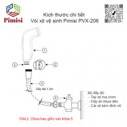 Kích thước chi tiết vòi xịt vệ sinh Pimisi PVX-206