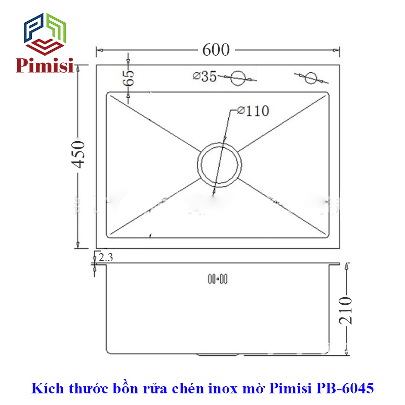 Kích thước chậu rửa bát đơn Pimisi PB-6045
