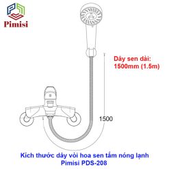 Kích thước dây vòi hoa sen tắm nóng lạnh Pimisi PDS-208