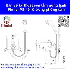 Bản vẽ kỹ thuật sen tắm nóng lạnh Pimisi PS-101C gắn tường