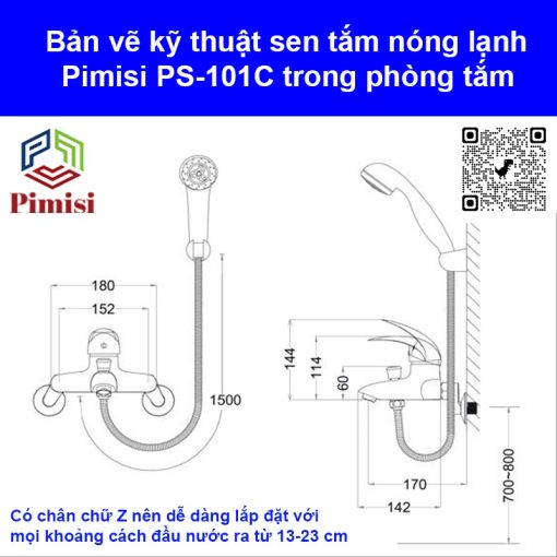 Bản vẽ kỹ thuật sen tắm nóng lạnh Pimisi PS-101C gắn tường