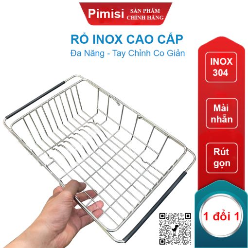 Rổ inox 304 chữ nhật gác bồn rửa chén Pimisi PRR-21
