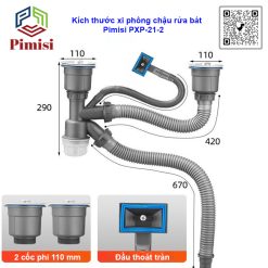 Kích thước chi tiết xi phông chậu rửa chén 2 hó Pimisi PXP-21-2