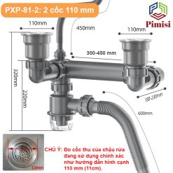 Kích thước xi phông bồn rửa chén Pimisi PXP-81-2