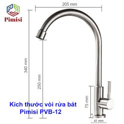 Kích thước vòi rửa bát Pimisi PVB-12 xoay bi