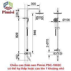 Kích thước bộ vòi sen tắm đứng Pimisi PSC-1002C