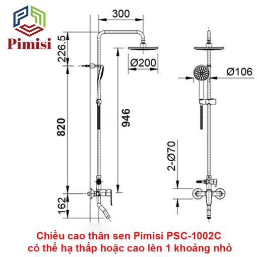 Kích thước bộ vòi sen tắm đứng Pimisi PSC-1002C