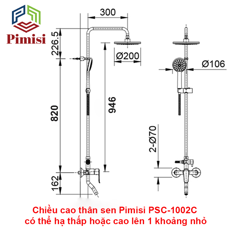 Kích thước bộ vòi sen tắm đứng Pimisi PSC-1002C