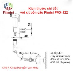 Kích thước vòi xịt bồn cầu Pimisi PVX-122 giảm áp
