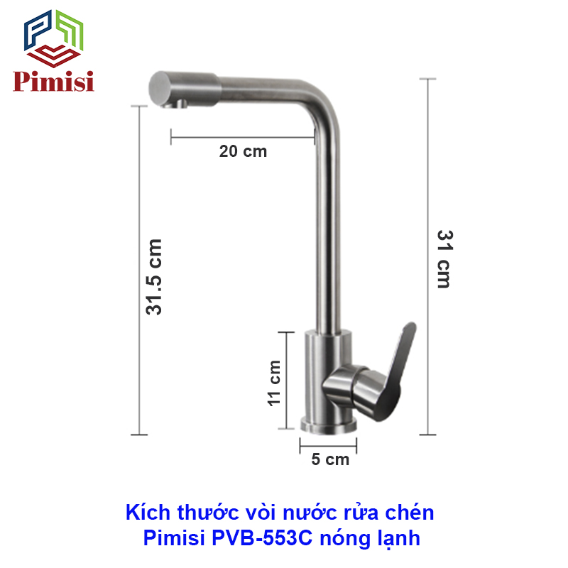 Kích thước vòi nước rửa chén Pimisi PVB-553C
