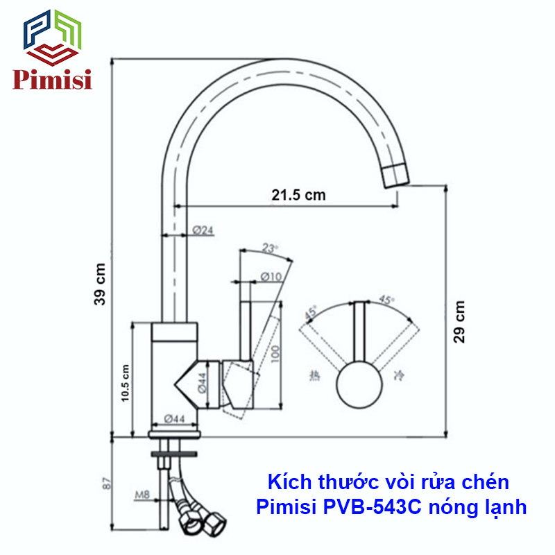 Kích thước vòi rửa chén Pimisi PVB-543C