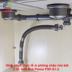 Hình chụp thực tế xi phông chậu rửa bát 2 hố inox 304 Pimisi PXP-61-2