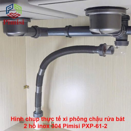 Hình chụp thực tế xi phông chậu rửa bát 2 hố inox 304 Pimisi PXP-61-2