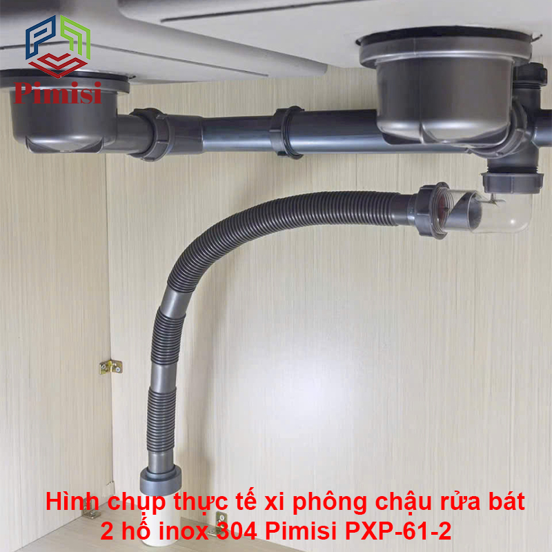Hình chụp thực tế xi phông chậu rửa bát 2 hố inox 304 Pimisi PXP-61-2
