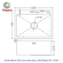Kích thước bồn rửa chén 1 hộc inox 304 Pimisi PC-6245