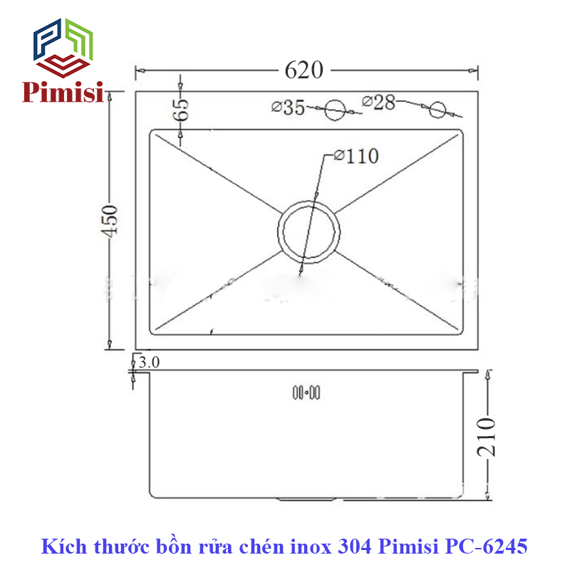 Kích thước bồn rửa chén 1 hộc inox 304 Pimisi PC-6245