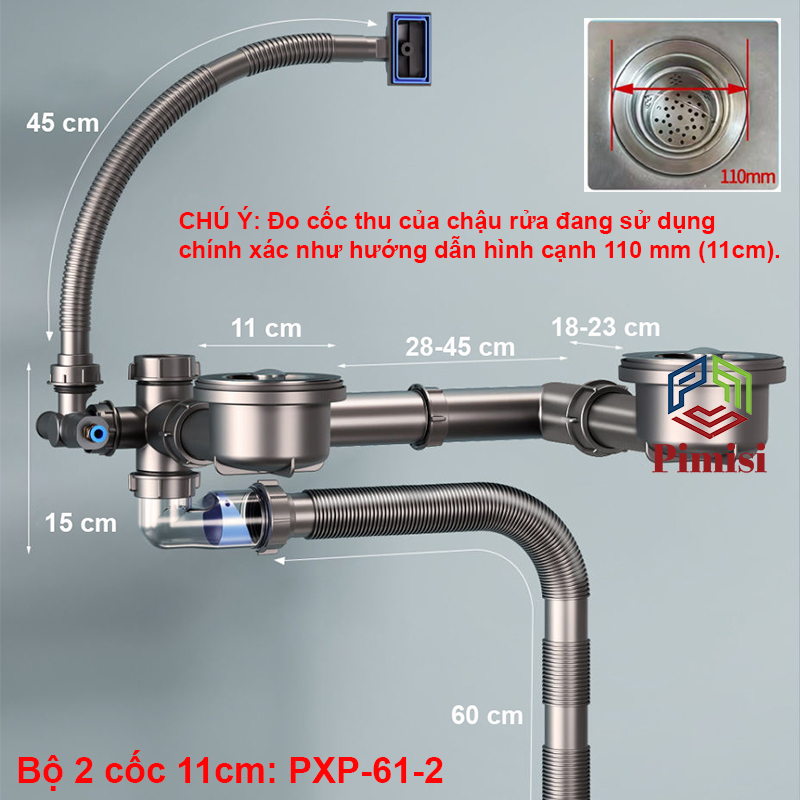 Kích thước xi phông chậu rửa bát Pimisi PXP-61-2