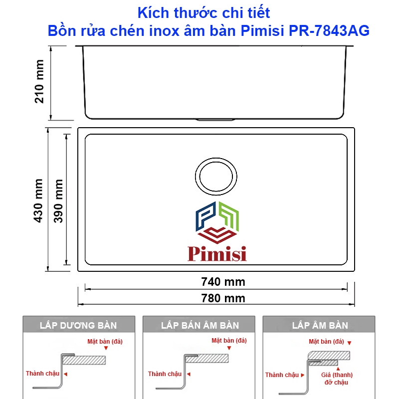 Kích thước hộc rửa bát đơn Pimisi PR-7843AG