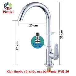 Kích thước vòi rửa chén Pimisi PVB-26 sáng bóng