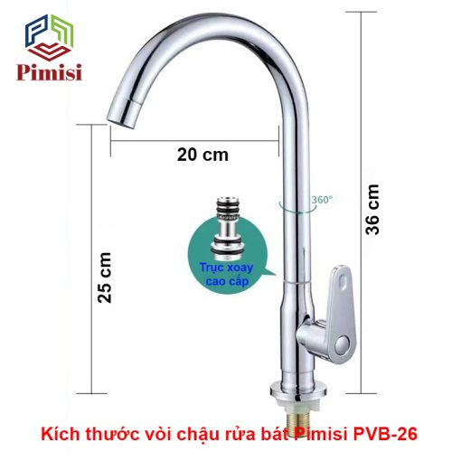 Kích thước vòi rửa chén Pimisi PVB-26 sáng bóng