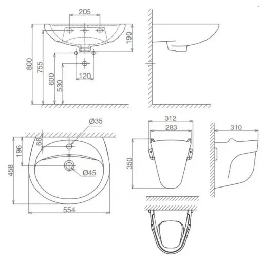 Bộ chậu rửa lavabo Viglacera BS409/BS502 treo tường kèm chân ngắn - Ảnh 2
