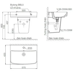 Alternative view of Bộ chậu rửa lavabo Viglacera CD58 treo tường kèm chân ngắn Fansipan