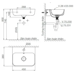 Alternative view of Bộ chậu rửa lavabo Viglacera V23 treo tường kèm chân ngắn Mekong