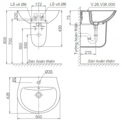 Alternative view of Bộ chậu rửa lavabo Viglacera V36 treo tường kèm chân ngắn