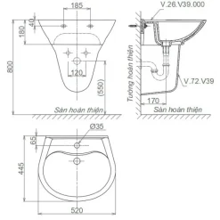 Alternative view of Bộ chậu rửa lavabo Viglacera V39 treo tường kèm chân ngắn