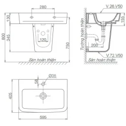 Alternative view of Bộ chậu rửa lavabo Viglacera V50 treo tường kèm chân ngắn