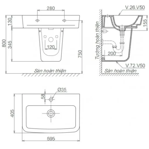 Bộ chậu rửa lavabo Viglacera V50 treo tường kèm chân ngắn - Ảnh 2
