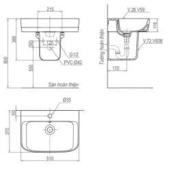 Alternative view of Bộ chậu rửa lavabo Viglacera V59 treo tường kèm chân ngắn